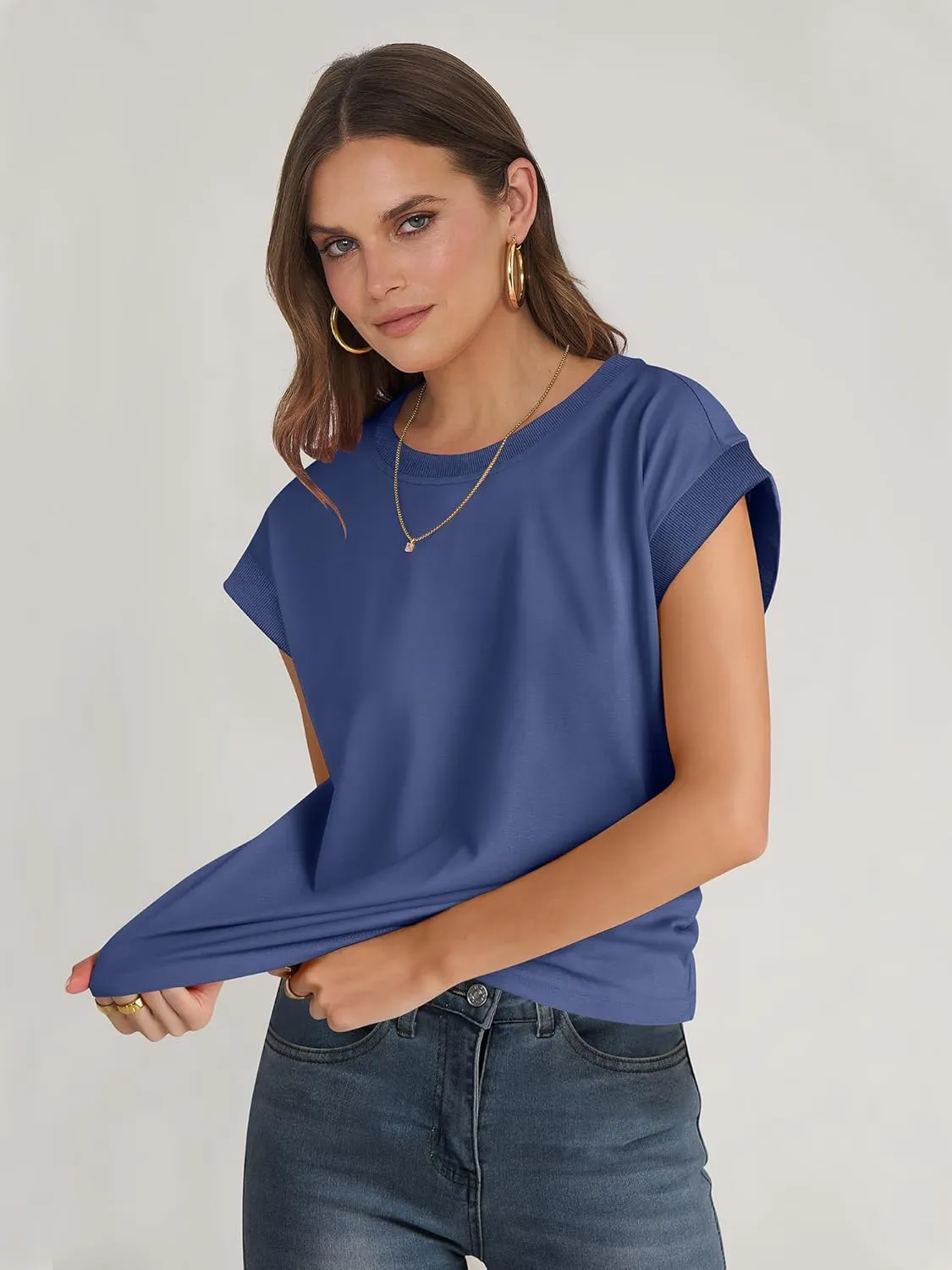 ANRABESS Women Cap Sleeve Tops 2025 Trendy Summer Loose Fit Cute Basic T Shirts Business Dressy Casual Outfits Clothes