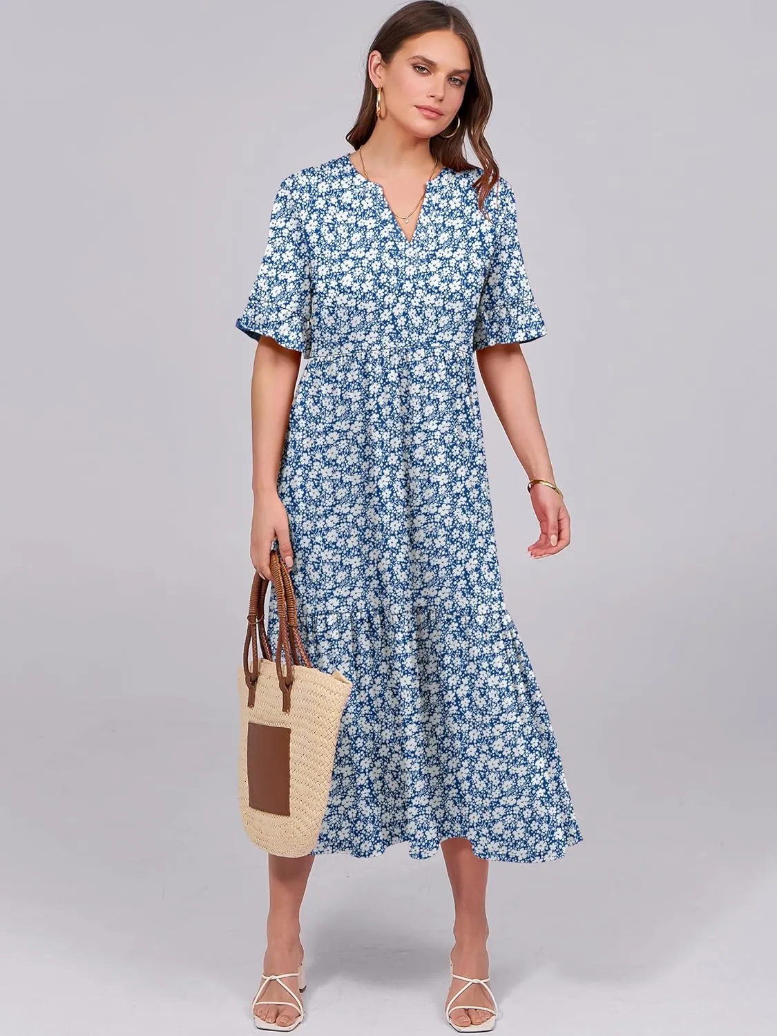 ANRABESS Women's Casual Summer Ruffle Short Sleeve T Shirts Maxi Dress 2025 Spring V Neck Flowy Tiered Boho Beach Dresses
