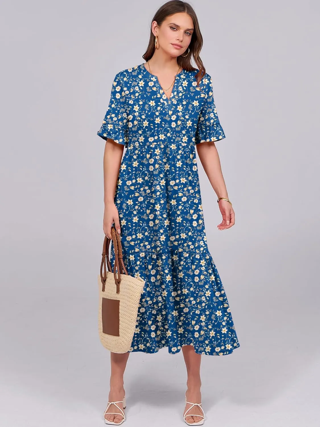 ANRABESS Women's Casual Summer Ruffle Short Sleeve T Shirts Maxi Dress 2025 Spring V Neck Flowy Tiered Boho Beach Dresses