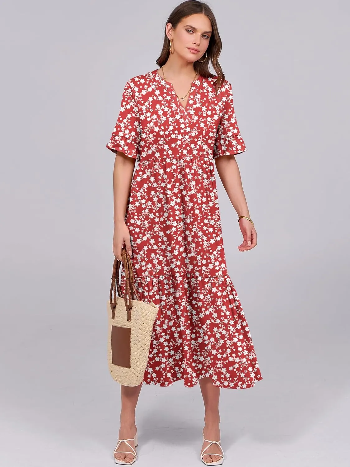 ANRABESS Women's Casual Summer Ruffle Short Sleeve T Shirts Maxi Dress 2025 Spring V Neck Flowy Tiered Boho Beach Dresses