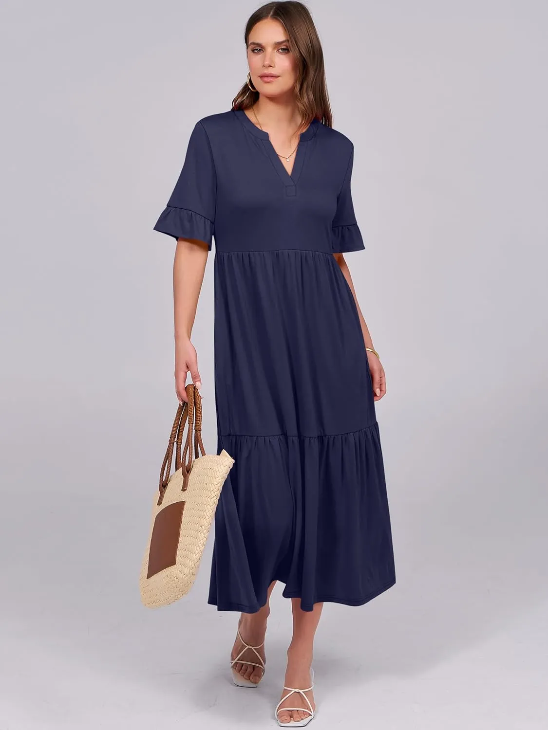 ANRABESS Women's Casual Summer Ruffle Short Sleeve T Shirts Maxi Dress 2025 Spring V Neck Flowy Tiered Boho Beach Dresses