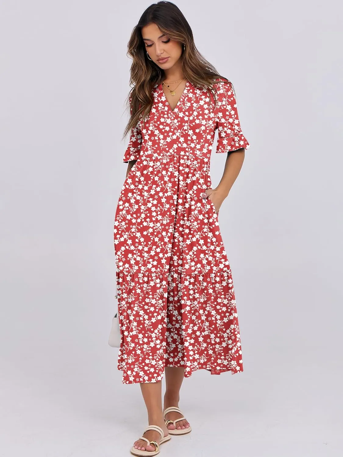 ANRABESS Women's Casual Summer Ruffle Short Sleeve T Shirts Maxi Dress 2025 Spring V Neck Flowy Tiered Boho Beach Dresses