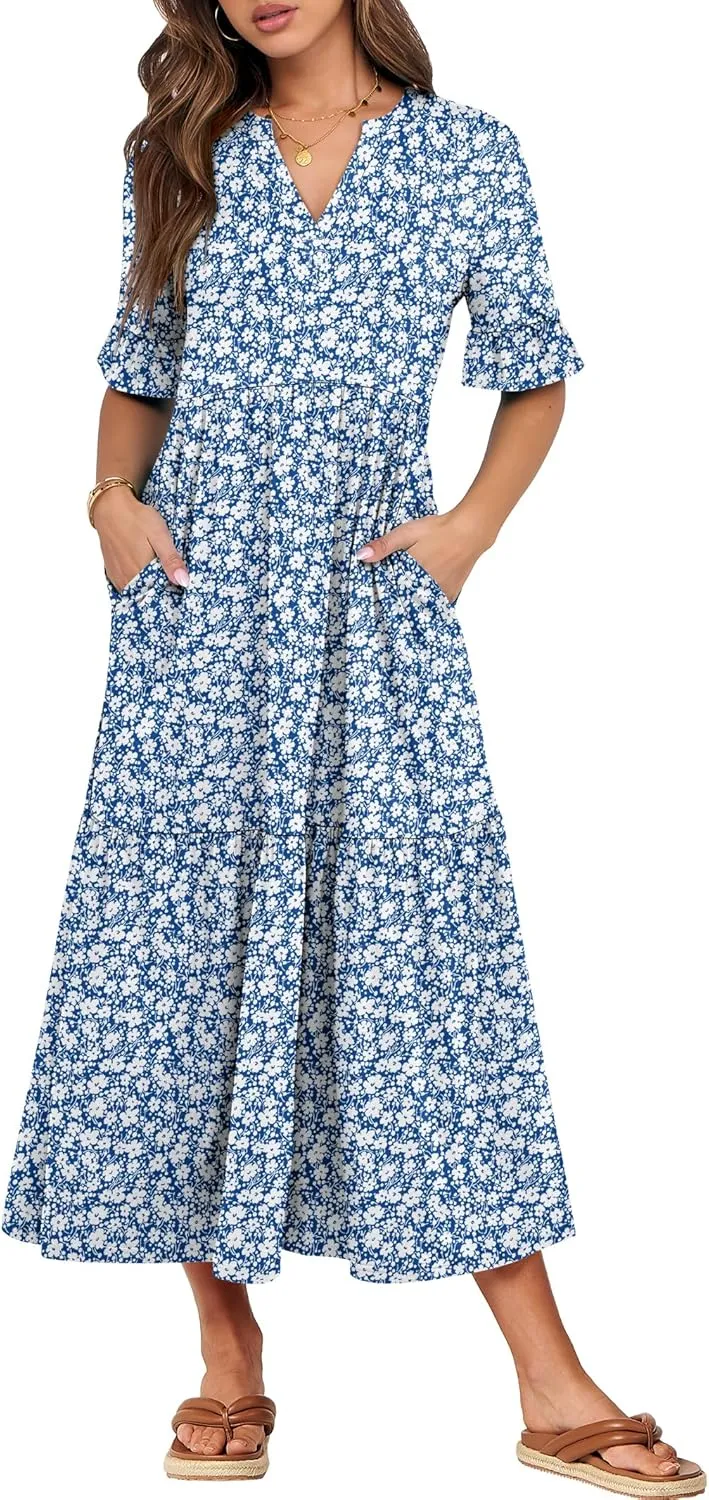 ANRABESS Women's Casual Summer Ruffle Short Sleeve T Shirts Maxi Dress 2025 Spring V Neck Flowy Tiered Boho Beach Dresses