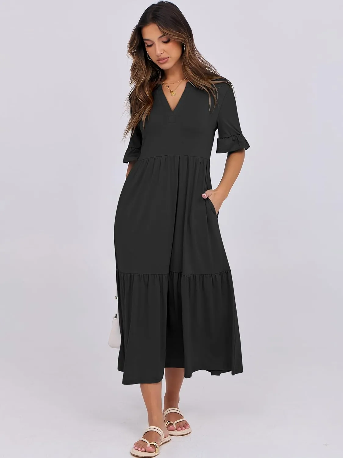 ANRABESS Women's Casual Summer Ruffle Short Sleeve T Shirts Maxi Dress 2025 Spring V Neck Flowy Tiered Boho Beach Dresses