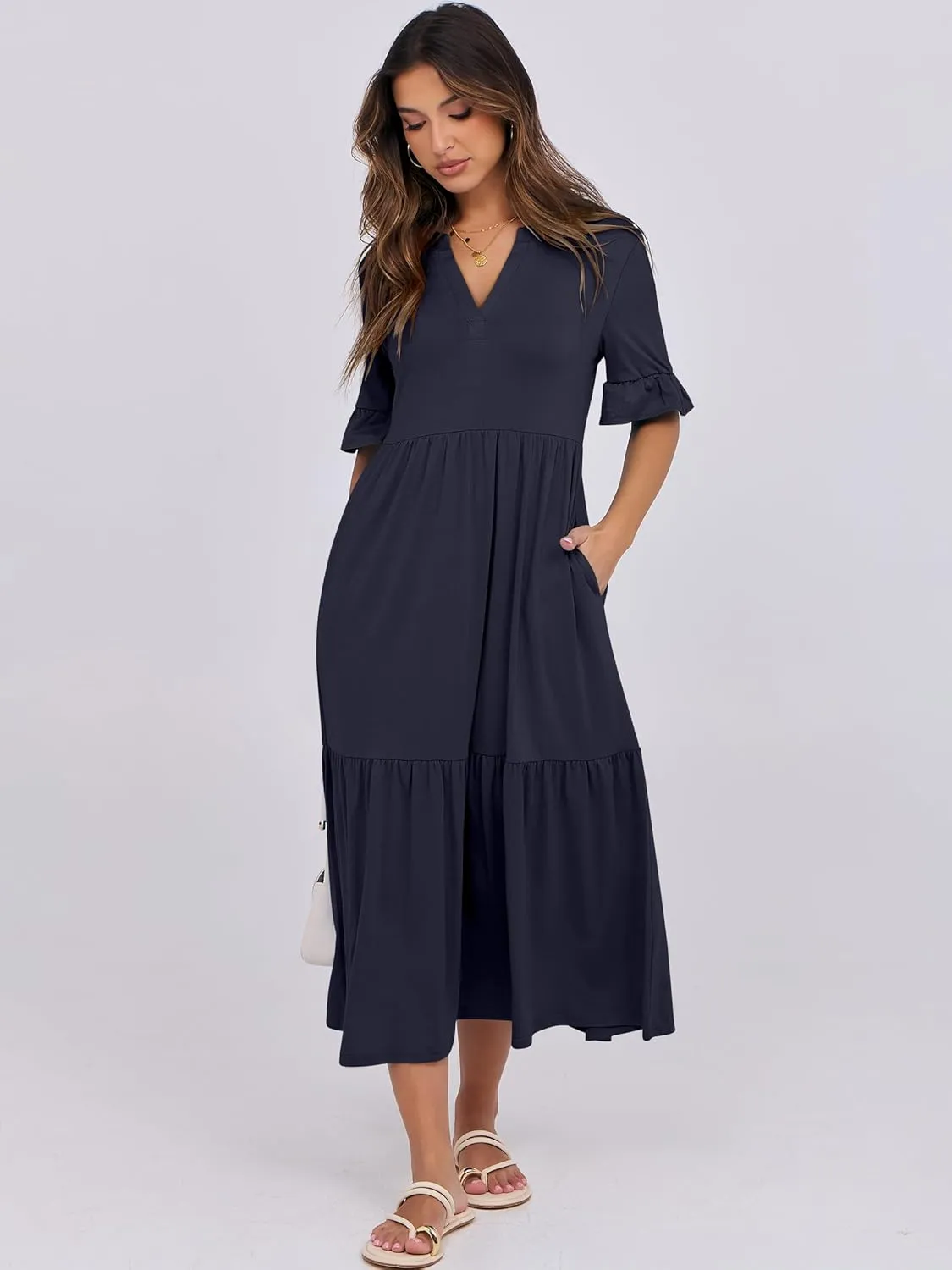 ANRABESS Women's Casual Summer Ruffle Short Sleeve T Shirts Maxi Dress 2025 Spring V Neck Flowy Tiered Boho Beach Dresses