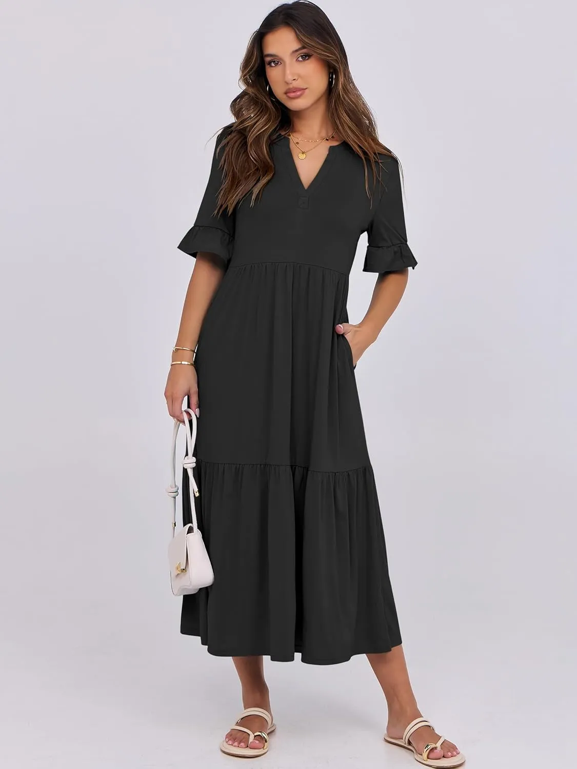ANRABESS Women's Casual Summer Ruffle Short Sleeve T Shirts Maxi Dress 2025 Spring V Neck Flowy Tiered Boho Beach Dresses