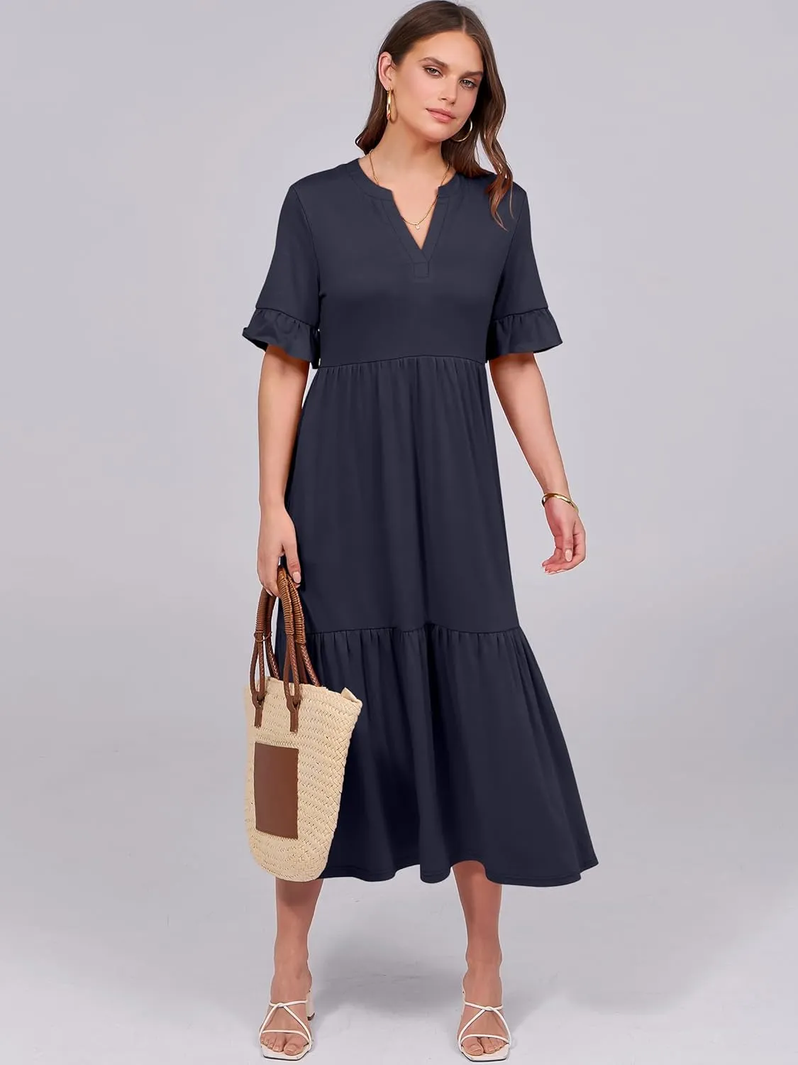 ANRABESS Women's Casual Summer Ruffle Short Sleeve T Shirts Maxi Dress 2025 Spring V Neck Flowy Tiered Boho Beach Dresses