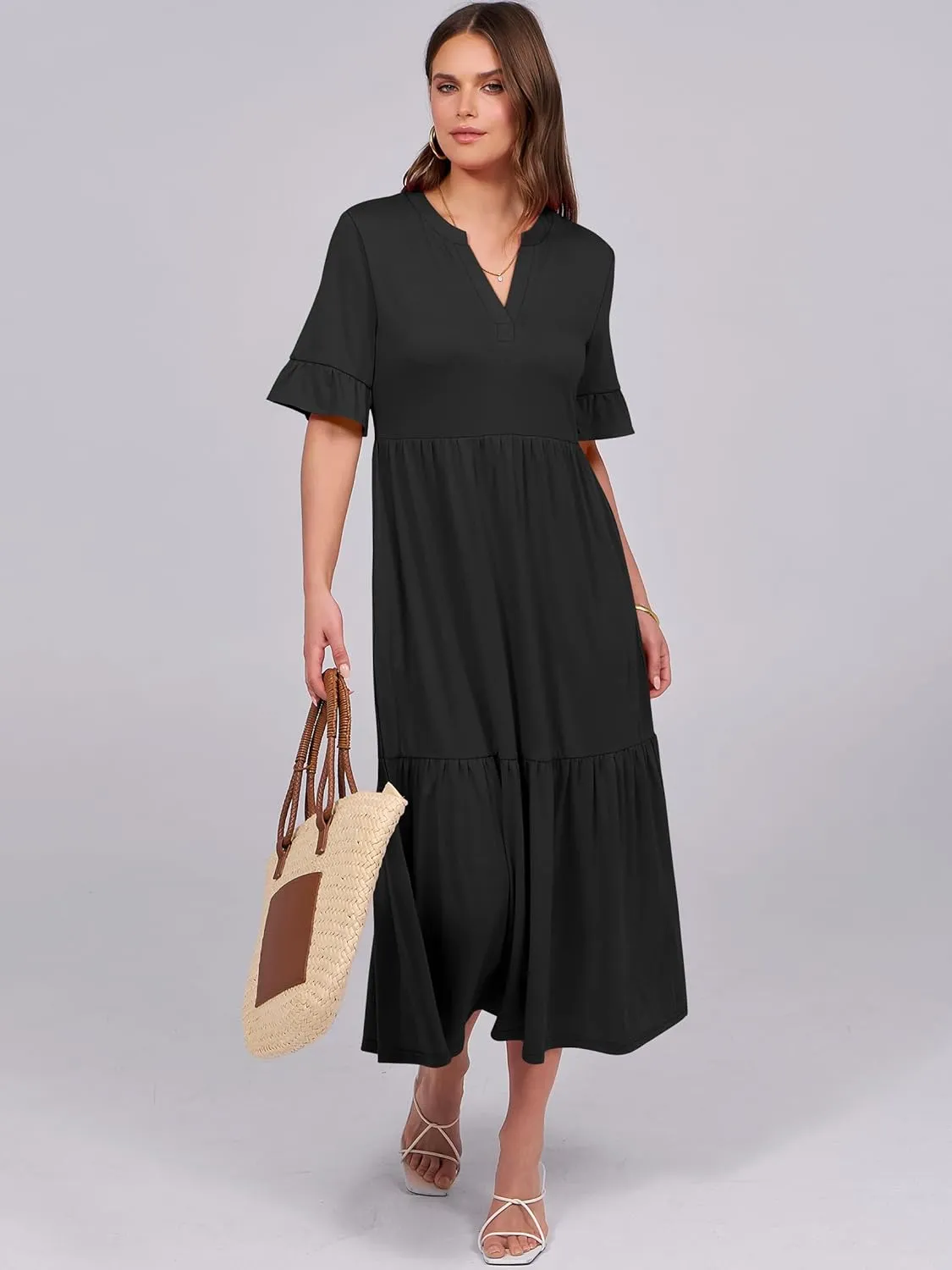 ANRABESS Women's Casual Summer Ruffle Short Sleeve T Shirts Maxi Dress 2025 Spring V Neck Flowy Tiered Boho Beach Dresses