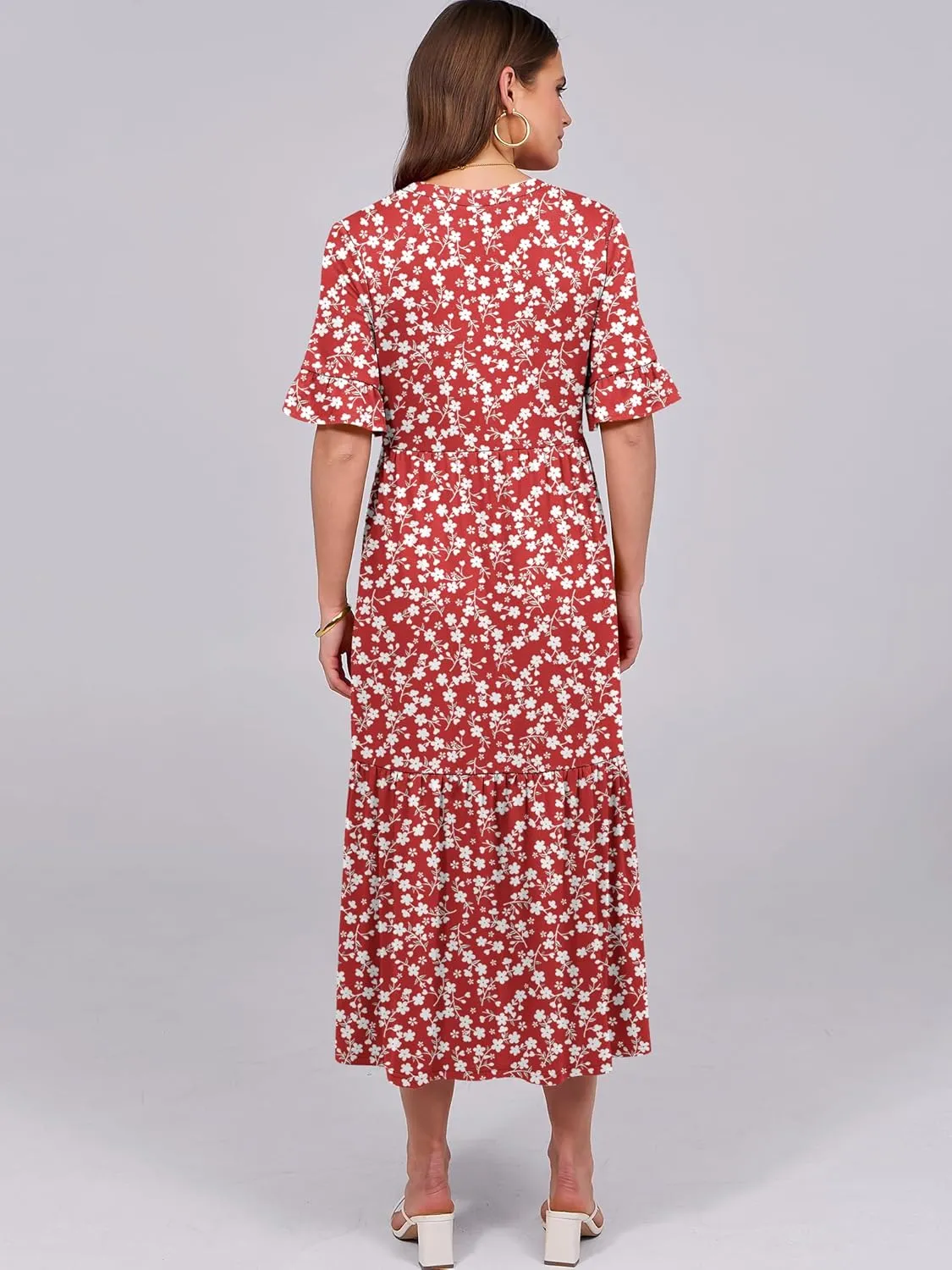 ANRABESS Women's Casual Summer Ruffle Short Sleeve T Shirts Maxi Dress 2025 Spring V Neck Flowy Tiered Boho Beach Dresses