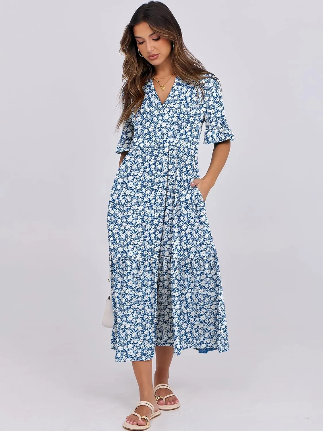 ANRABESS Women's Casual Summer Ruffle Short Sleeve T Shirts Maxi Dress 2025 Spring V Neck Flowy Tiered Boho Beach Dresses