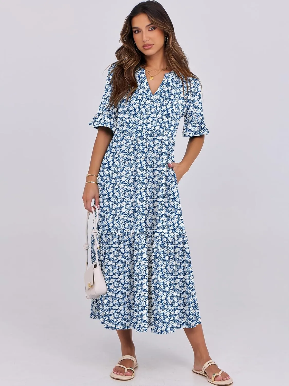 ANRABESS Women's Casual Summer Ruffle Short Sleeve T Shirts Maxi Dress 2025 Spring V Neck Flowy Tiered Boho Beach Dresses