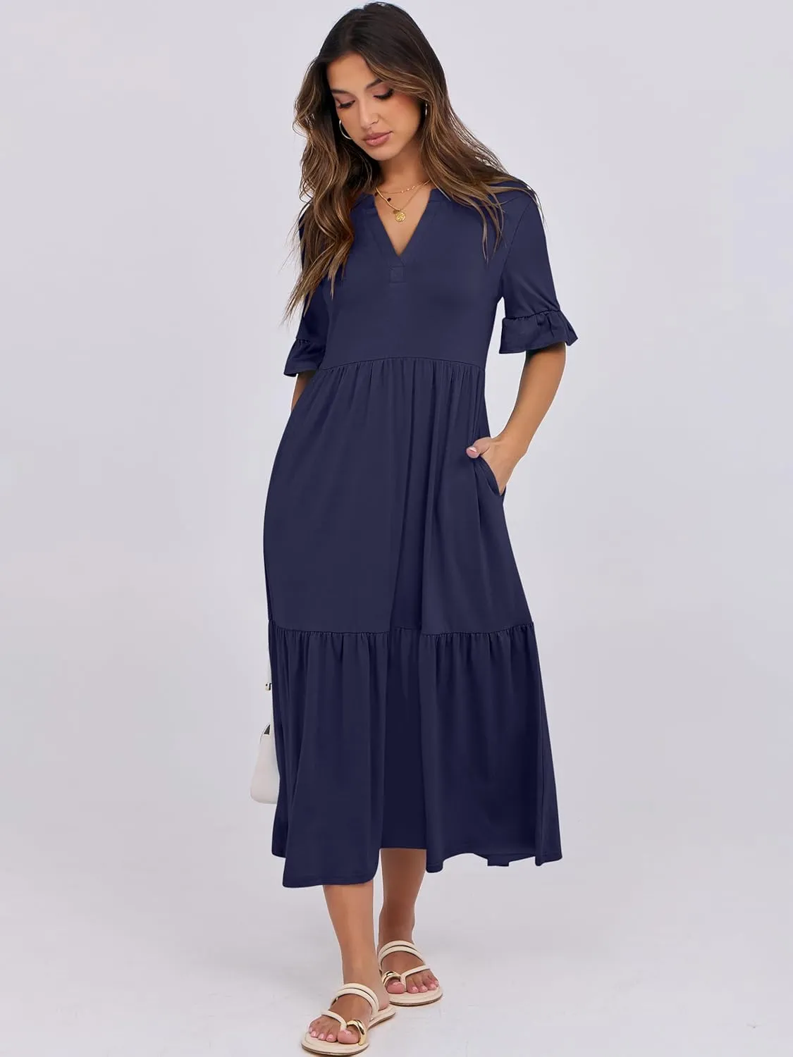 ANRABESS Women's Casual Summer Ruffle Short Sleeve T Shirts Maxi Dress 2025 Spring V Neck Flowy Tiered Boho Beach Dresses