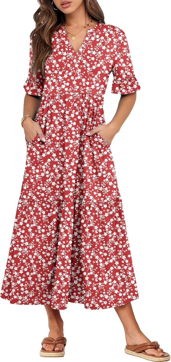 ANRABESS Women's Casual Summer Ruffle Short Sleeve T Shirts Maxi Dress 2025 Spring V Neck Flowy Tiered Boho Beach Dresses