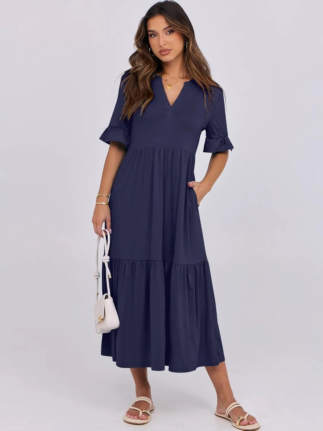 ANRABESS Women's Casual Summer Ruffle Short Sleeve T Shirts Maxi Dress 2025 Spring V Neck Flowy Tiered Boho Beach Dresses