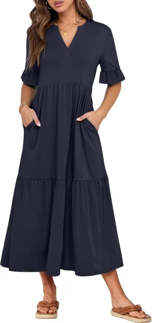 ANRABESS Women's Casual Summer Ruffle Short Sleeve T Shirts Maxi Dress 2025 Spring V Neck Flowy Tiered Boho Beach Dresses