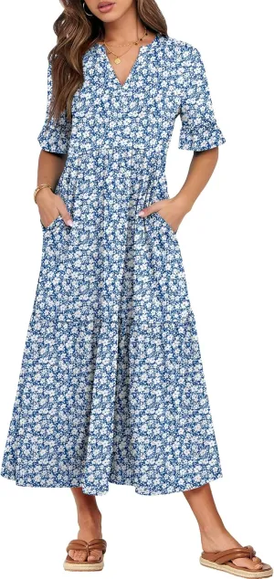 ANRABESS Women's Casual Summer Ruffle Short Sleeve T Shirts Maxi Dress 2025 Spring V Neck Flowy Tiered Boho Beach Dresses