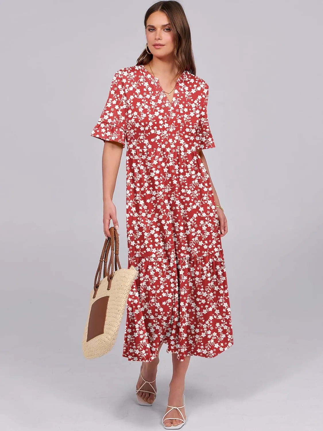 ANRABESS Women's Casual Summer Ruffle Short Sleeve T Shirts Maxi Dress 2025 Spring V Neck Flowy Tiered Boho Beach Dresses