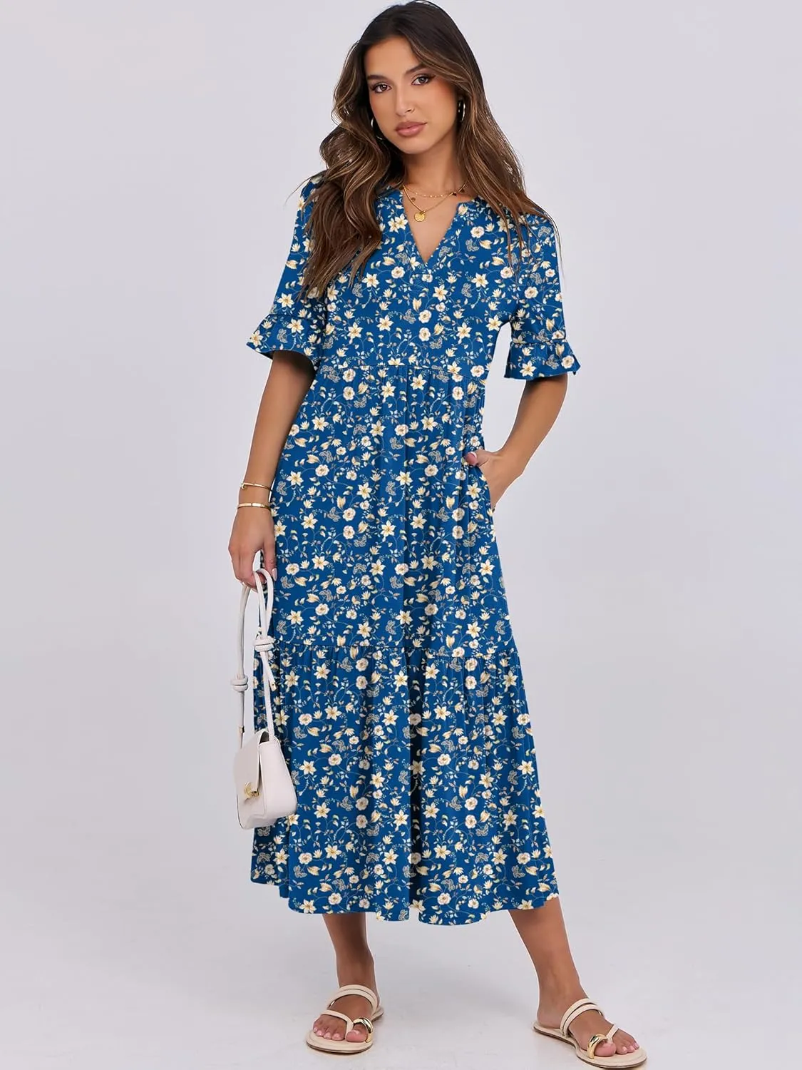 ANRABESS Women's Casual Summer Ruffle Short Sleeve T Shirts Maxi Dress 2025 Spring V Neck Flowy Tiered Boho Beach Dresses