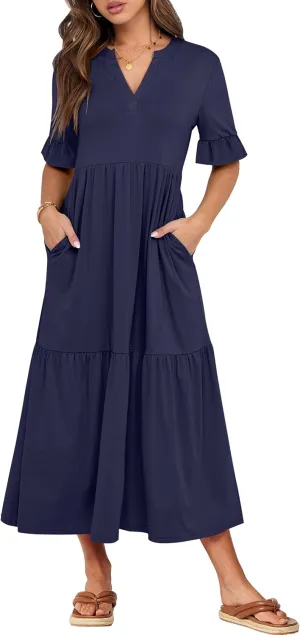ANRABESS Women's Casual Summer Ruffle Short Sleeve T Shirts Maxi Dress 2025 Spring V Neck Flowy Tiered Boho Beach Dresses