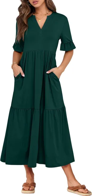 ANRABESS Women's Casual Summer Ruffle Short Sleeve T Shirts Maxi Dress 2025 Spring V Neck Flowy Tiered Boho Beach Dresses