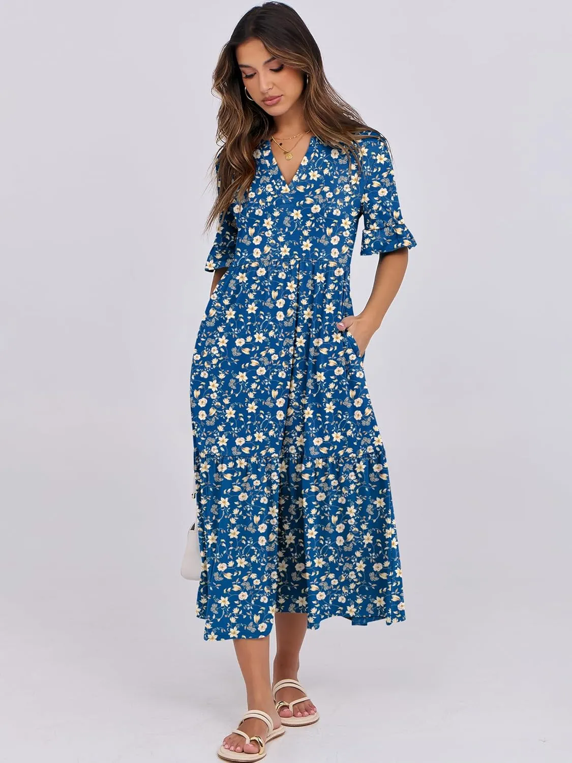 ANRABESS Women's Casual Summer Ruffle Short Sleeve T Shirts Maxi Dress 2025 Spring V Neck Flowy Tiered Boho Beach Dresses