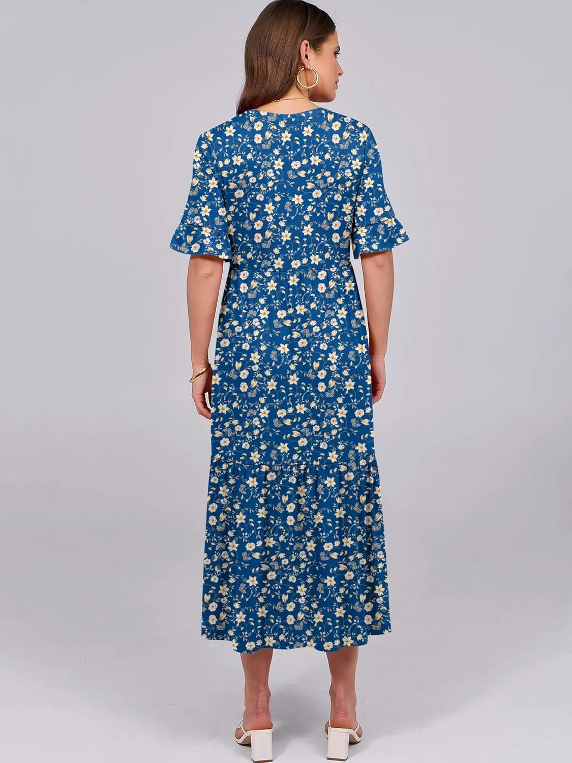 ANRABESS Women's Casual Summer Ruffle Short Sleeve T Shirts Maxi Dress 2025 Spring V Neck Flowy Tiered Boho Beach Dresses