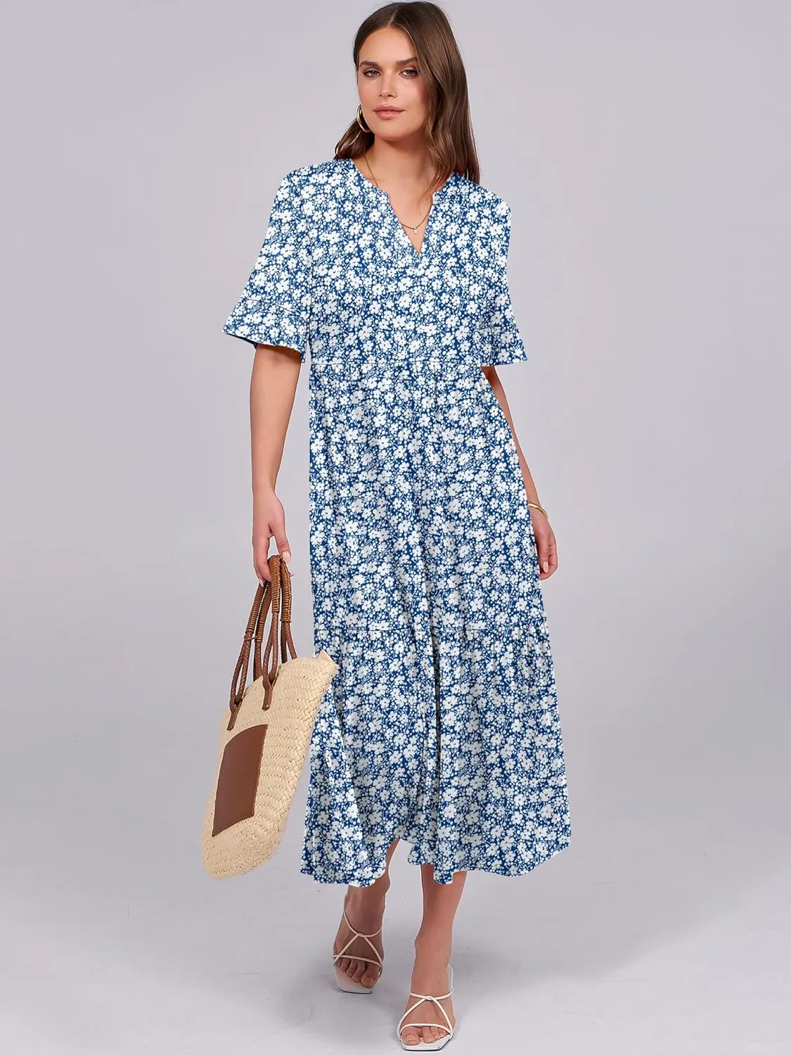 ANRABESS Women's Casual Summer Ruffle Short Sleeve T Shirts Maxi Dress 2025 Spring V Neck Flowy Tiered Boho Beach Dresses