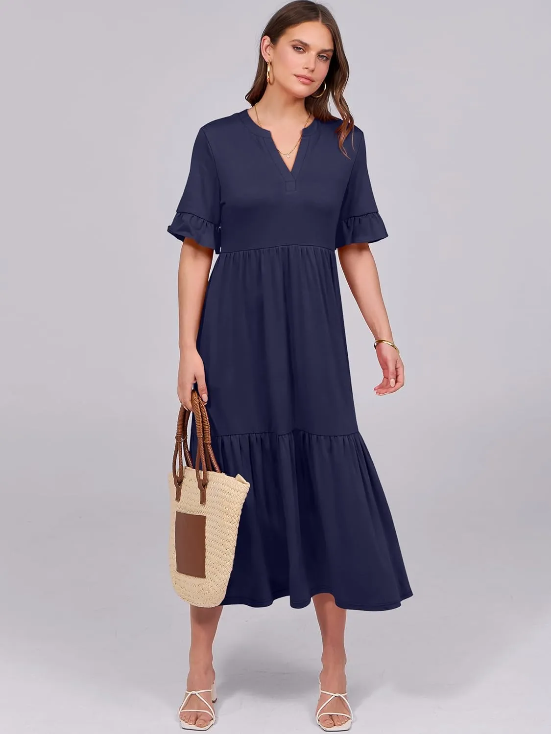 ANRABESS Women's Casual Summer Ruffle Short Sleeve T Shirts Maxi Dress 2025 Spring V Neck Flowy Tiered Boho Beach Dresses