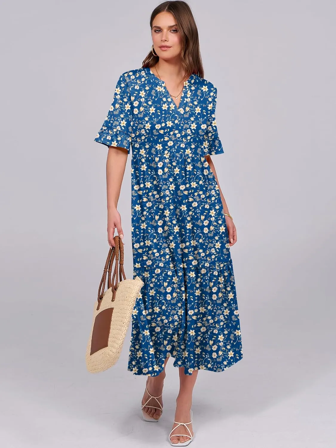 ANRABESS Women's Casual Summer Ruffle Short Sleeve T Shirts Maxi Dress 2025 Spring V Neck Flowy Tiered Boho Beach Dresses