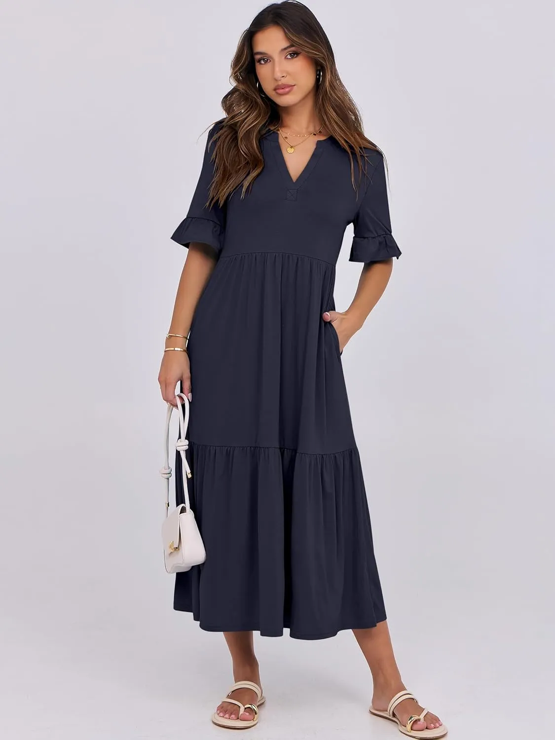 ANRABESS Women's Casual Summer Ruffle Short Sleeve T Shirts Maxi Dress 2025 Spring V Neck Flowy Tiered Boho Beach Dresses