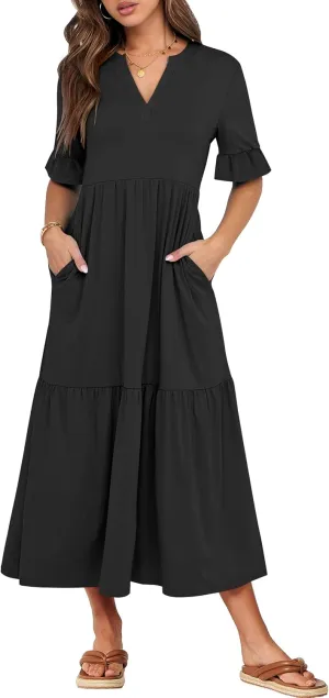 ANRABESS Women's Casual Summer Ruffle Short Sleeve T Shirts Maxi Dress 2025 Spring V Neck Flowy Tiered Boho Beach Dresses