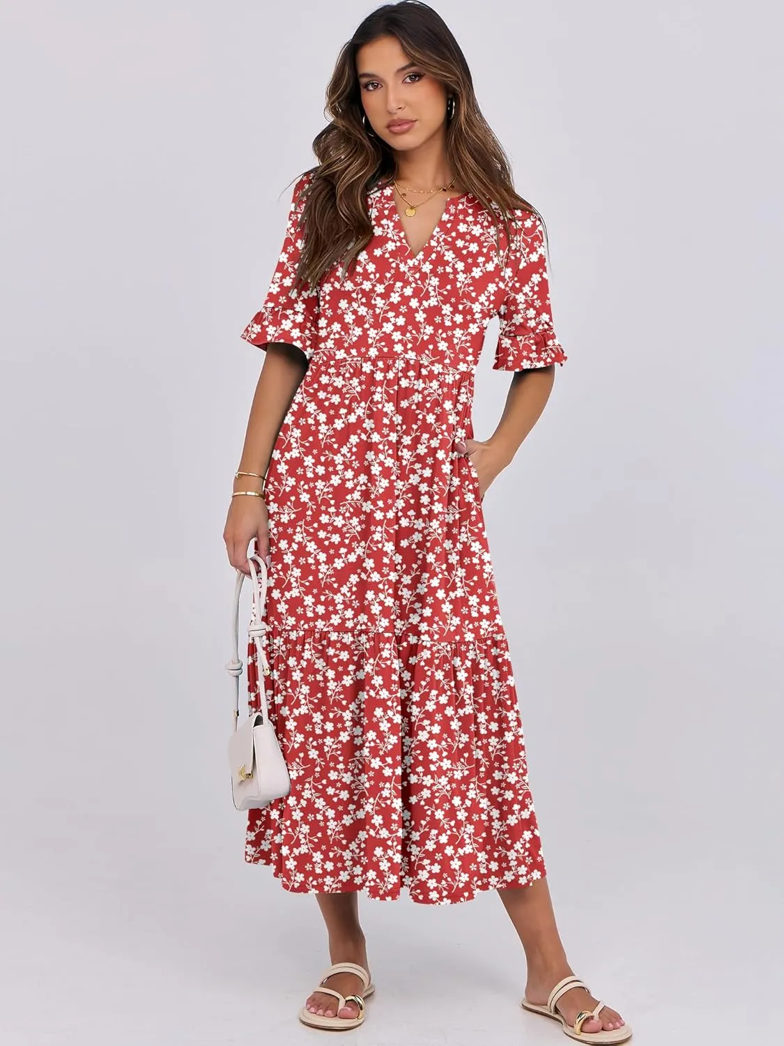 ANRABESS Women's Casual Summer Ruffle Short Sleeve T Shirts Maxi Dress 2025 Spring V Neck Flowy Tiered Boho Beach Dresses
