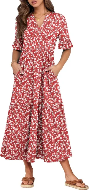 ANRABESS Women's Casual Summer Ruffle Short Sleeve T Shirts Maxi Dress 2025 Spring V Neck Flowy Tiered Boho Beach Dresses