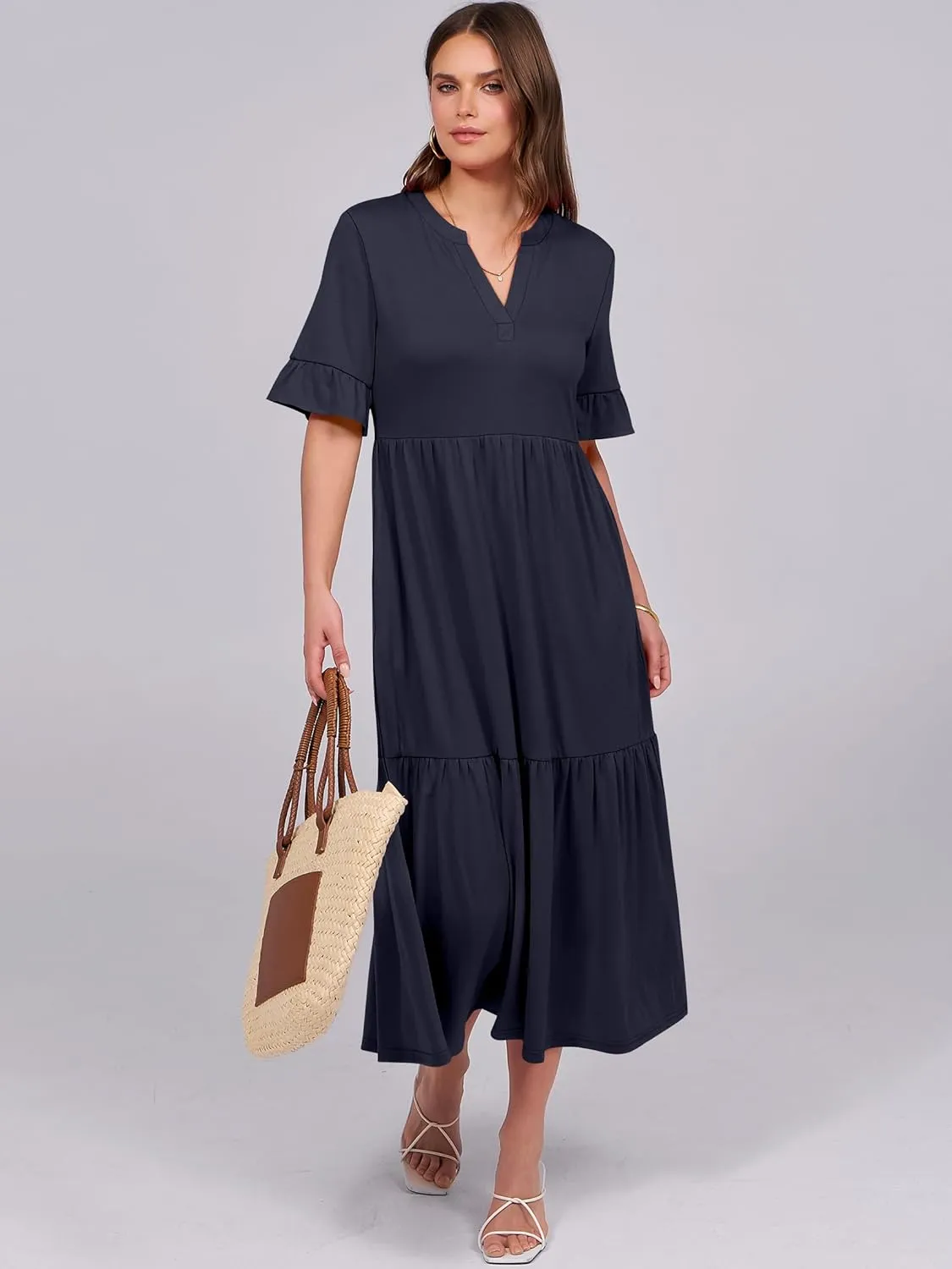 ANRABESS Women's Casual Summer Ruffle Short Sleeve T Shirts Maxi Dress 2025 Spring V Neck Flowy Tiered Boho Beach Dresses