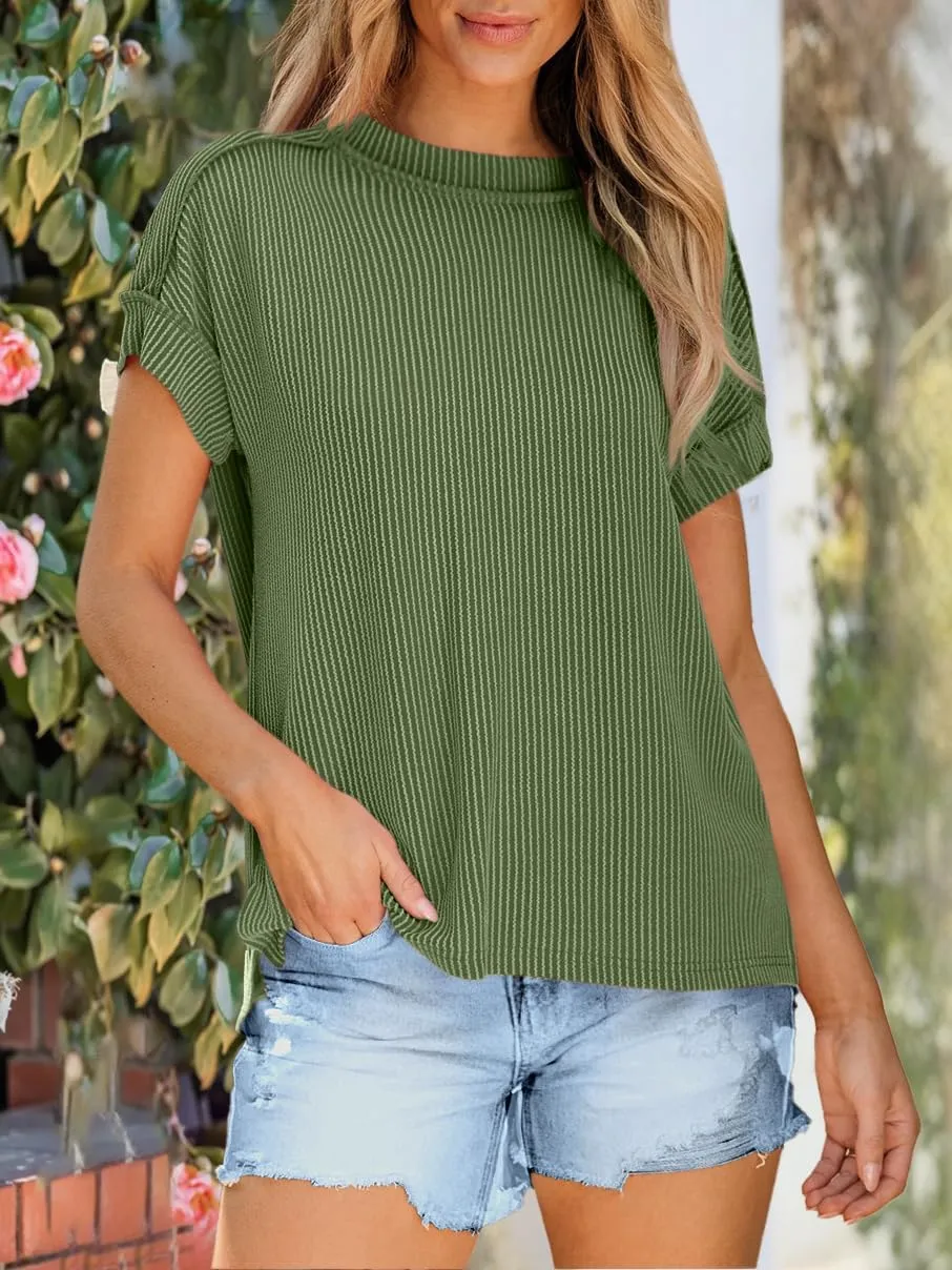ANRABESS Womens Short Sleeve Crewneck Shirts Ribbed Knit High Low Hem T Shirt 2025 Summer Spring Casual Tops Trendy Clothes