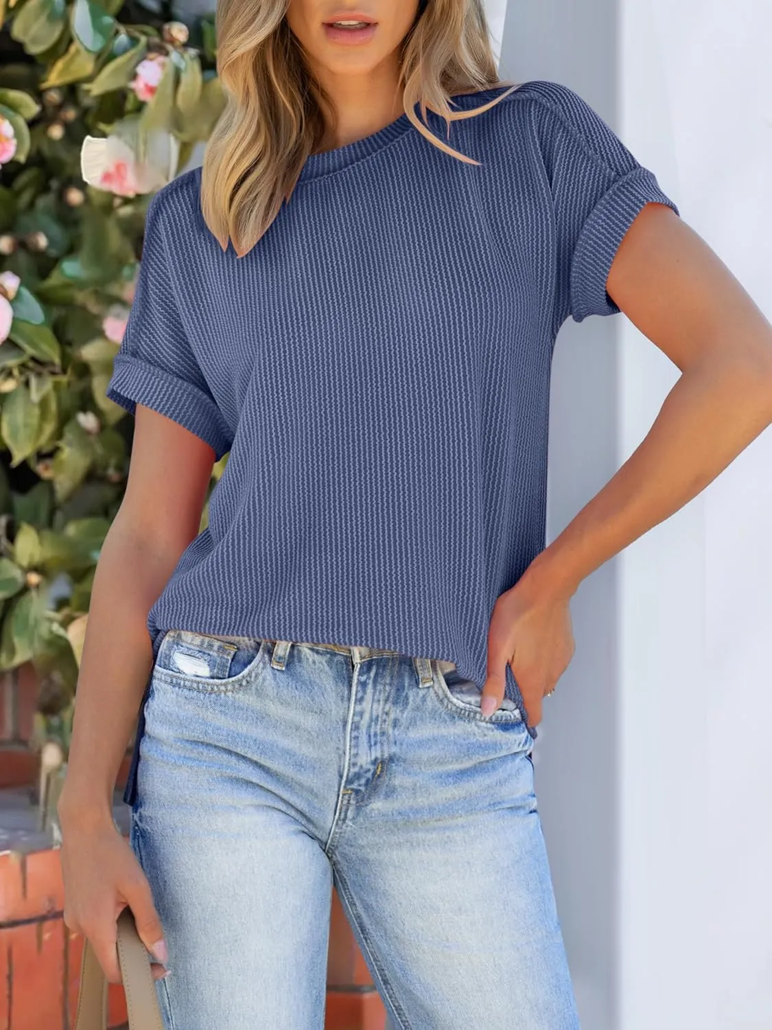 ANRABESS Womens Short Sleeve Crewneck Shirts Ribbed Knit High Low Hem T Shirt 2025 Summer Spring Casual Tops Trendy Clothes