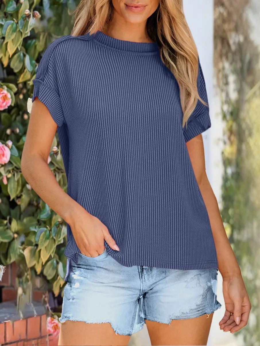 ANRABESS Womens Short Sleeve Crewneck Shirts Ribbed Knit High Low Hem T Shirt 2025 Summer Spring Casual Tops Trendy Clothes