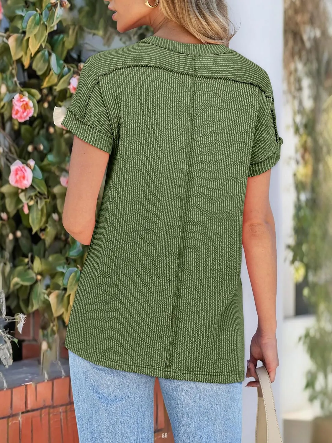 ANRABESS Womens Short Sleeve Crewneck Shirts Ribbed Knit High Low Hem T Shirt 2025 Summer Spring Casual Tops Trendy Clothes