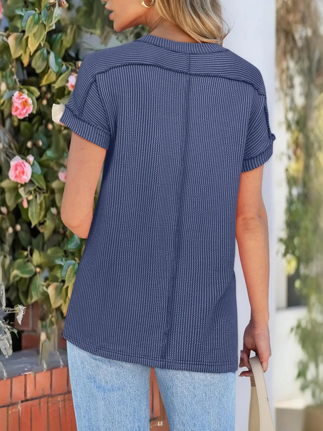 ANRABESS Womens Short Sleeve Crewneck Shirts Ribbed Knit High Low Hem T Shirt 2025 Summer Spring Casual Tops Trendy Clothes