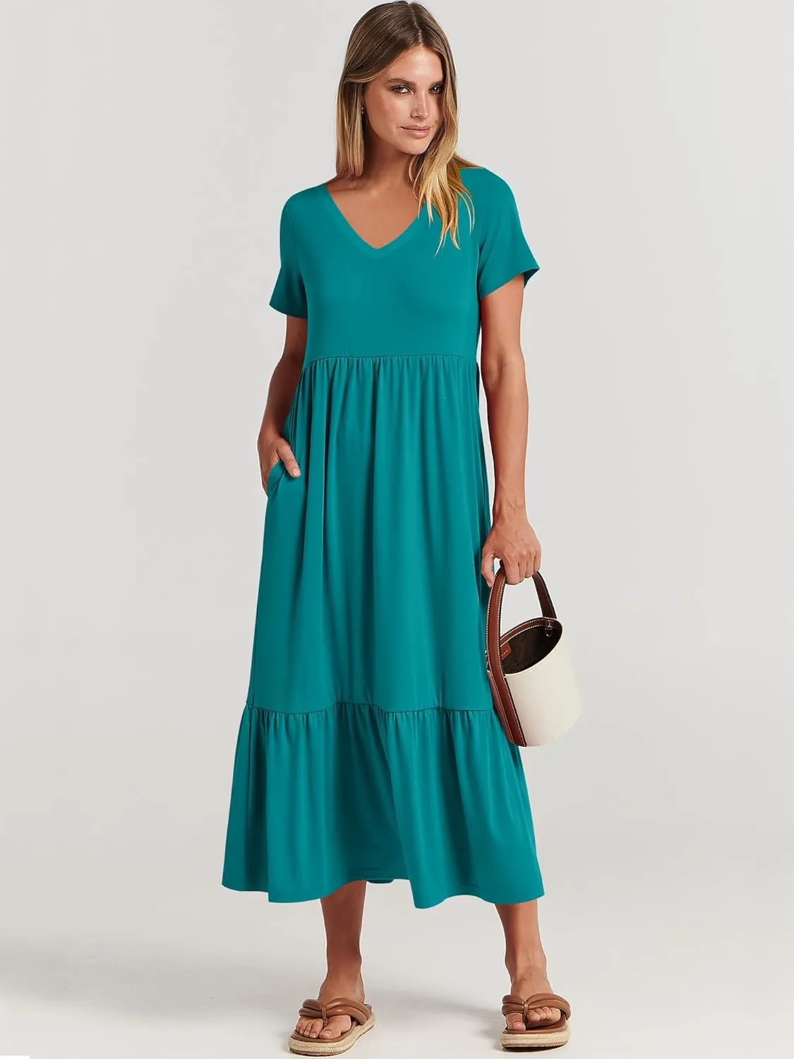 ANRABESS Women's Summer Casual Short Sleeve T Shirts Maxi Dress Flowy V Neck Tiered Beach Vacation Sundress 2025 Outfits