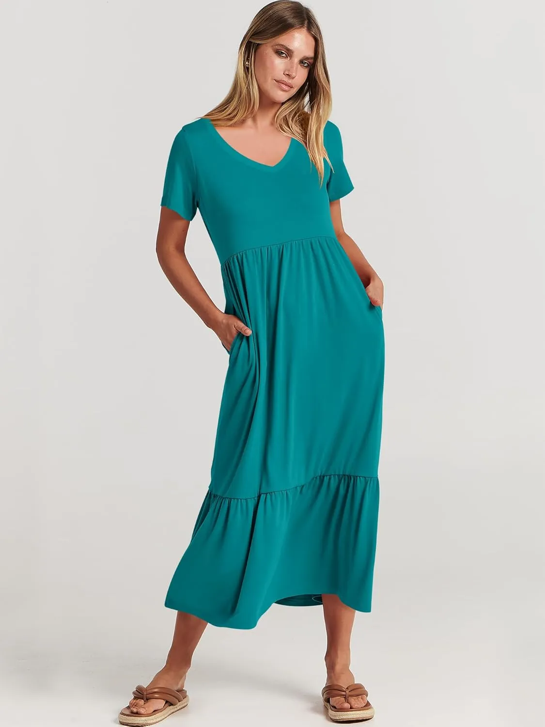 ANRABESS Women's Summer Casual Short Sleeve T Shirts Maxi Dress Flowy V Neck Tiered Beach Vacation Sundress 2025 Outfits