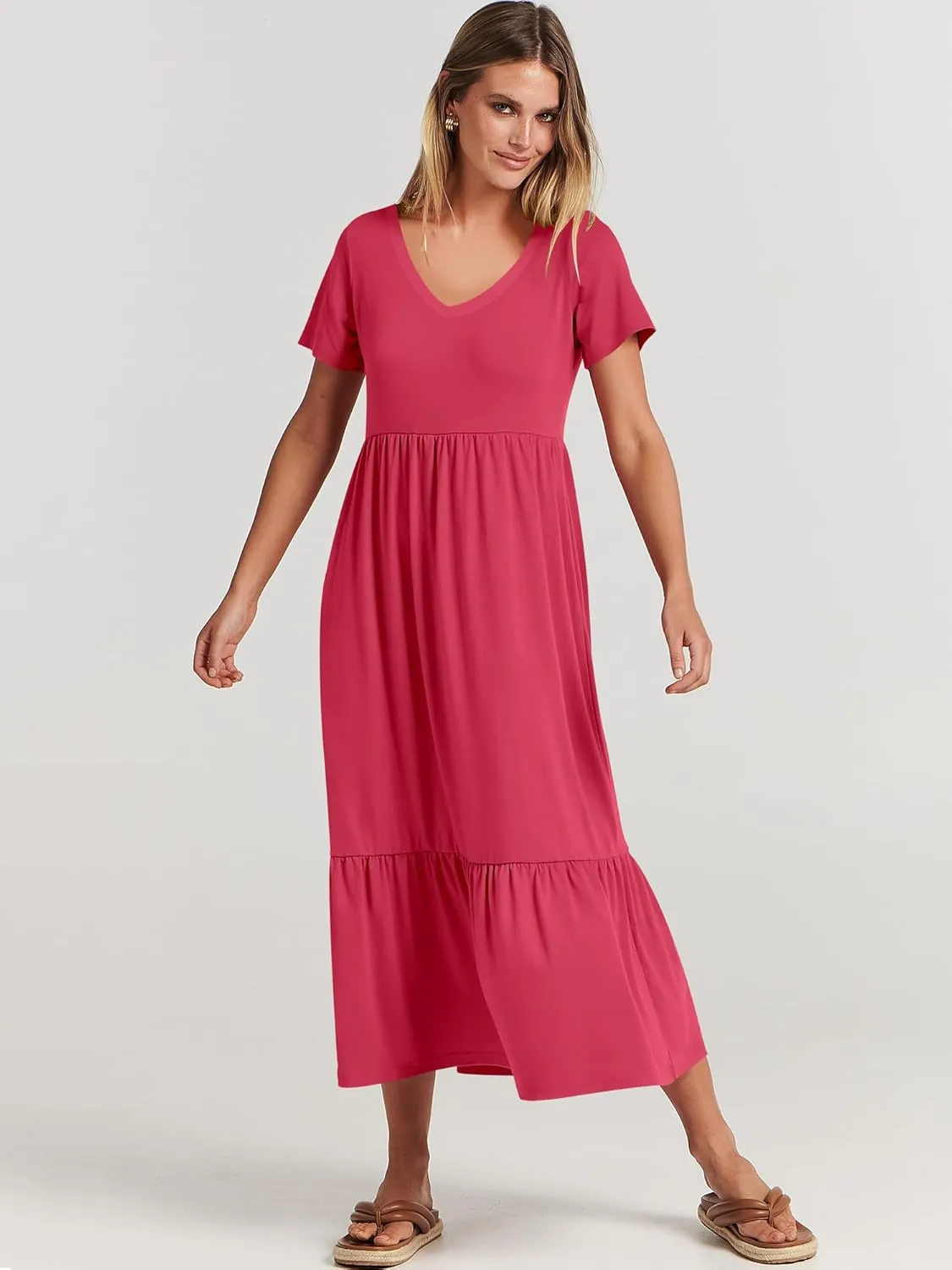 ANRABESS Women's Summer Casual Short Sleeve T Shirts Maxi Dress Flowy V Neck Tiered Beach Vacation Sundress 2025 Outfits