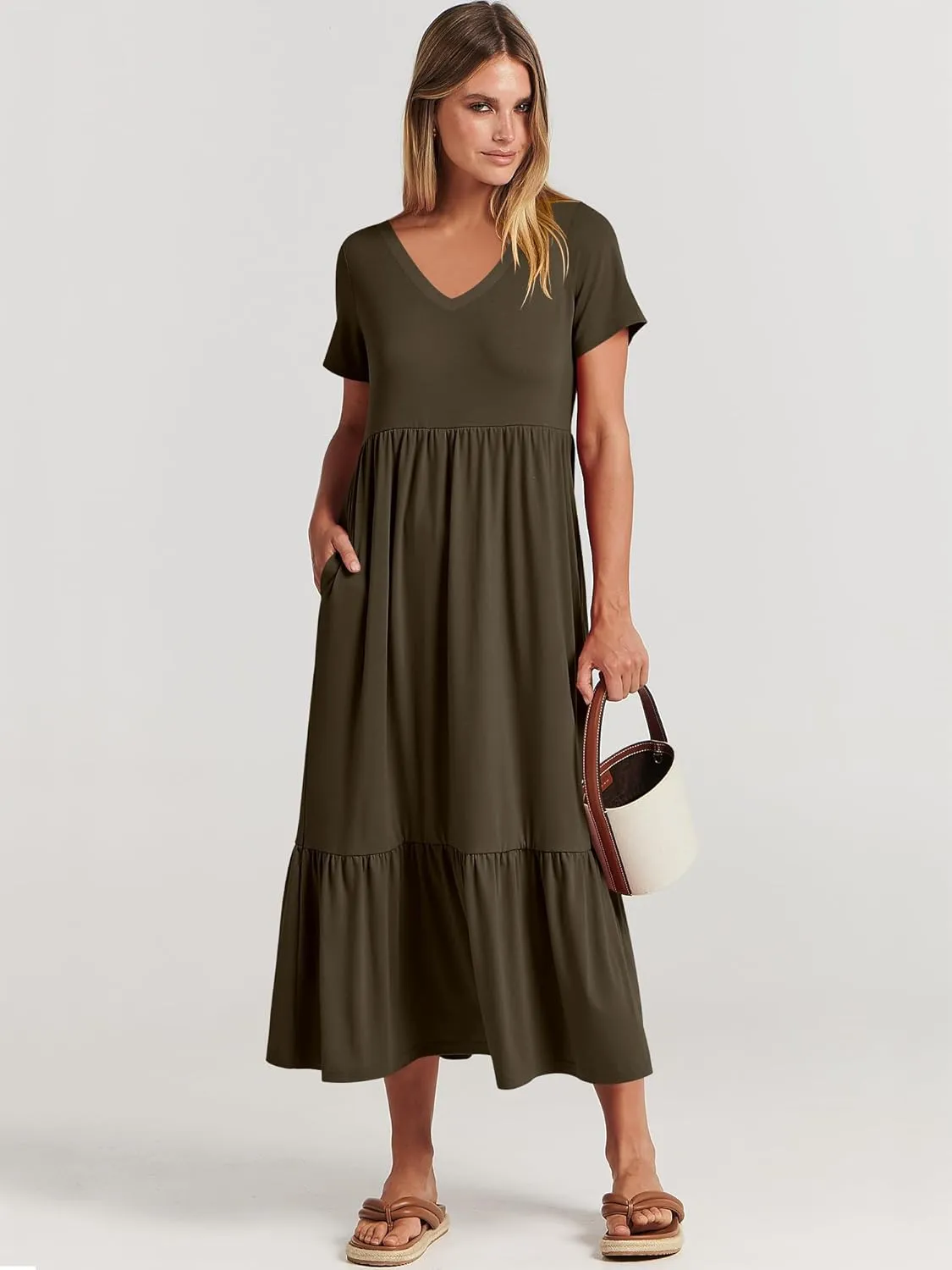 ANRABESS Women's Summer Casual Short Sleeve T Shirts Maxi Dress Flowy V Neck Tiered Beach Vacation Sundress 2025 Outfits
