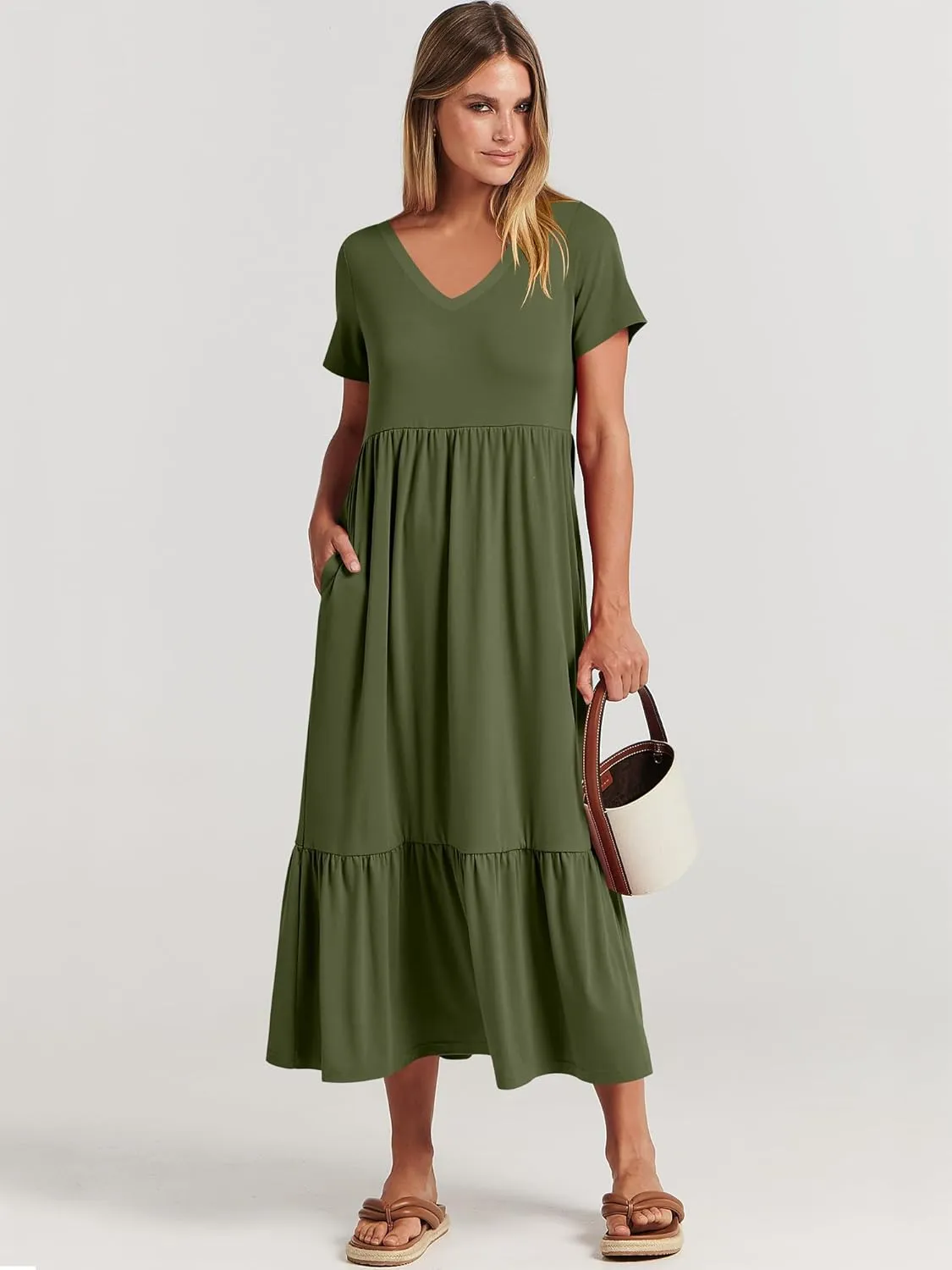 ANRABESS Women's Summer Casual Short Sleeve T Shirts Maxi Dress Flowy V Neck Tiered Beach Vacation Sundress 2025 Outfits