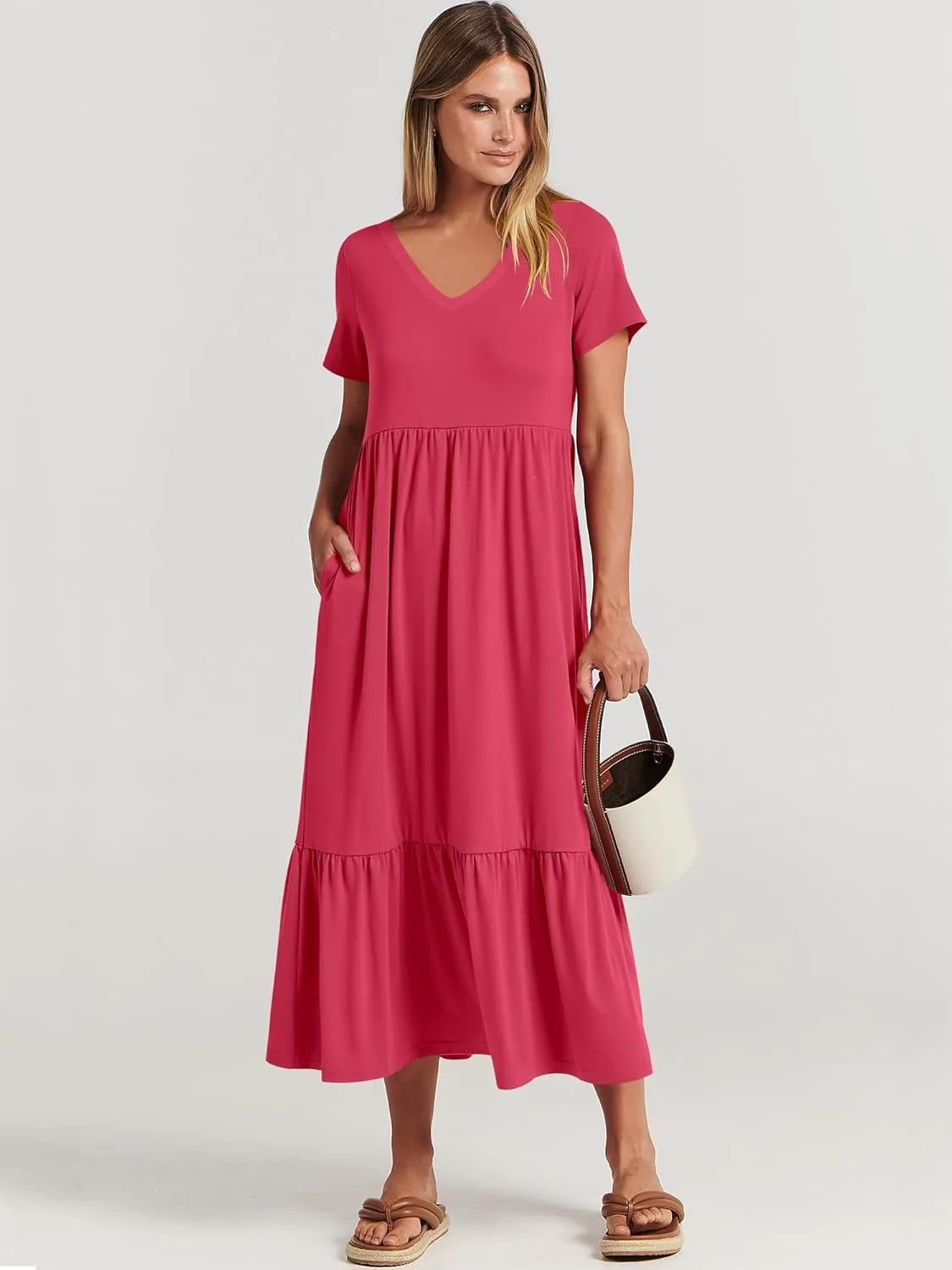 ANRABESS Women's Summer Casual Short Sleeve T Shirts Maxi Dress Flowy V Neck Tiered Beach Vacation Sundress 2025 Outfits