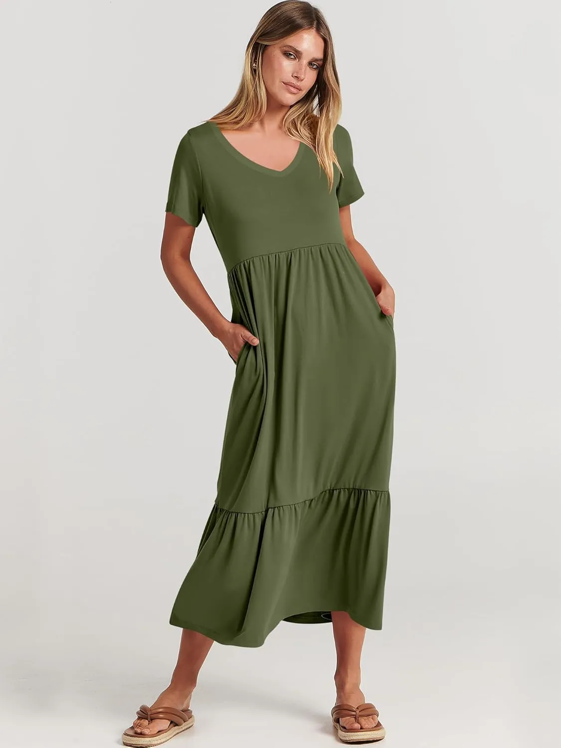 ANRABESS Women's Summer Casual Short Sleeve T Shirts Maxi Dress Flowy V Neck Tiered Beach Vacation Sundress 2025 Outfits