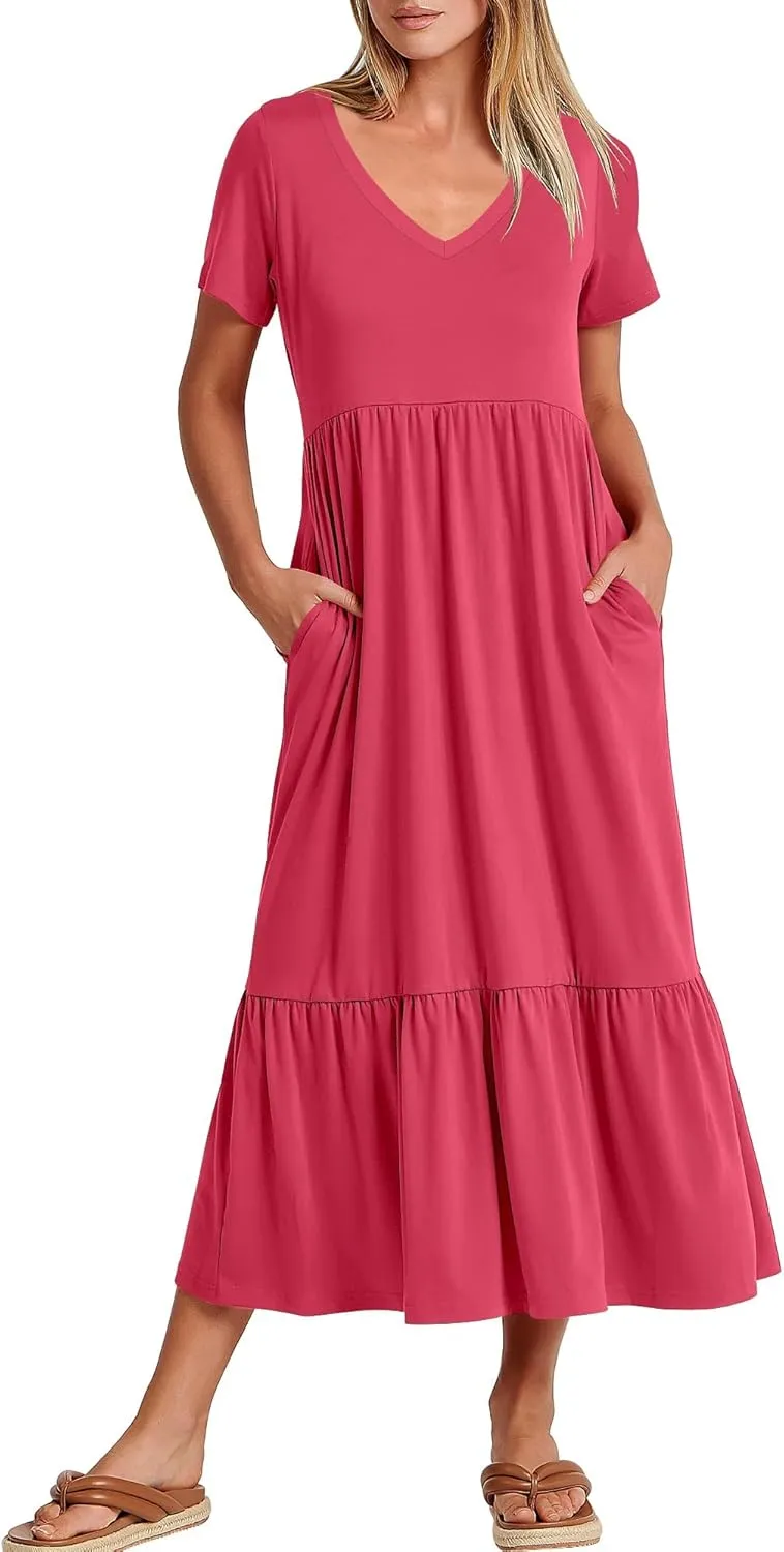 ANRABESS Women's Summer Casual Short Sleeve T Shirts Maxi Dress Flowy V Neck Tiered Beach Vacation Sundress 2025 Outfits