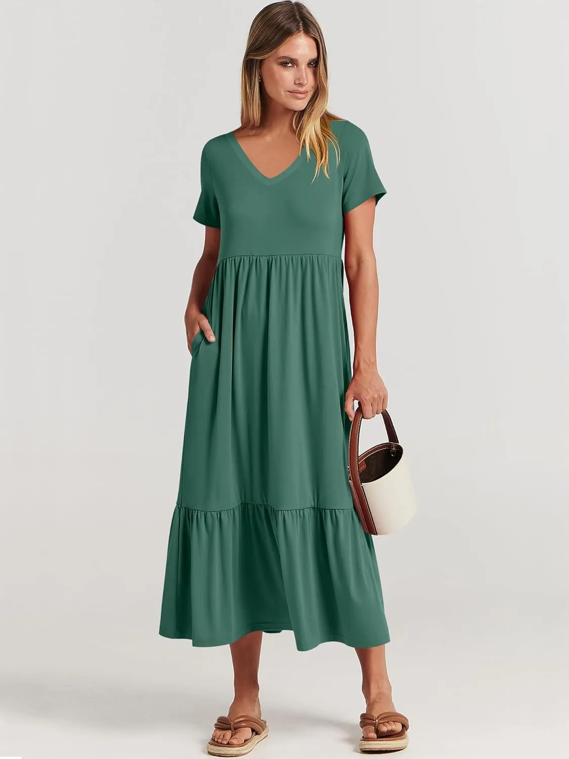 ANRABESS Women's Summer Casual Short Sleeve T Shirts Maxi Dress Flowy V Neck Tiered Beach Vacation Sundress 2025 Outfits