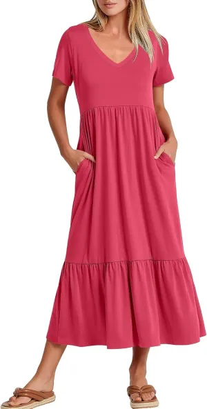 ANRABESS Women's Summer Casual Short Sleeve T Shirts Maxi Dress Flowy V Neck Tiered Beach Vacation Sundress 2025 Outfits