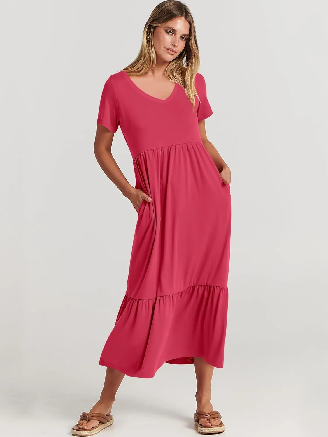 ANRABESS Women's Summer Casual Short Sleeve T Shirts Maxi Dress Flowy V Neck Tiered Beach Vacation Sundress 2025 Outfits